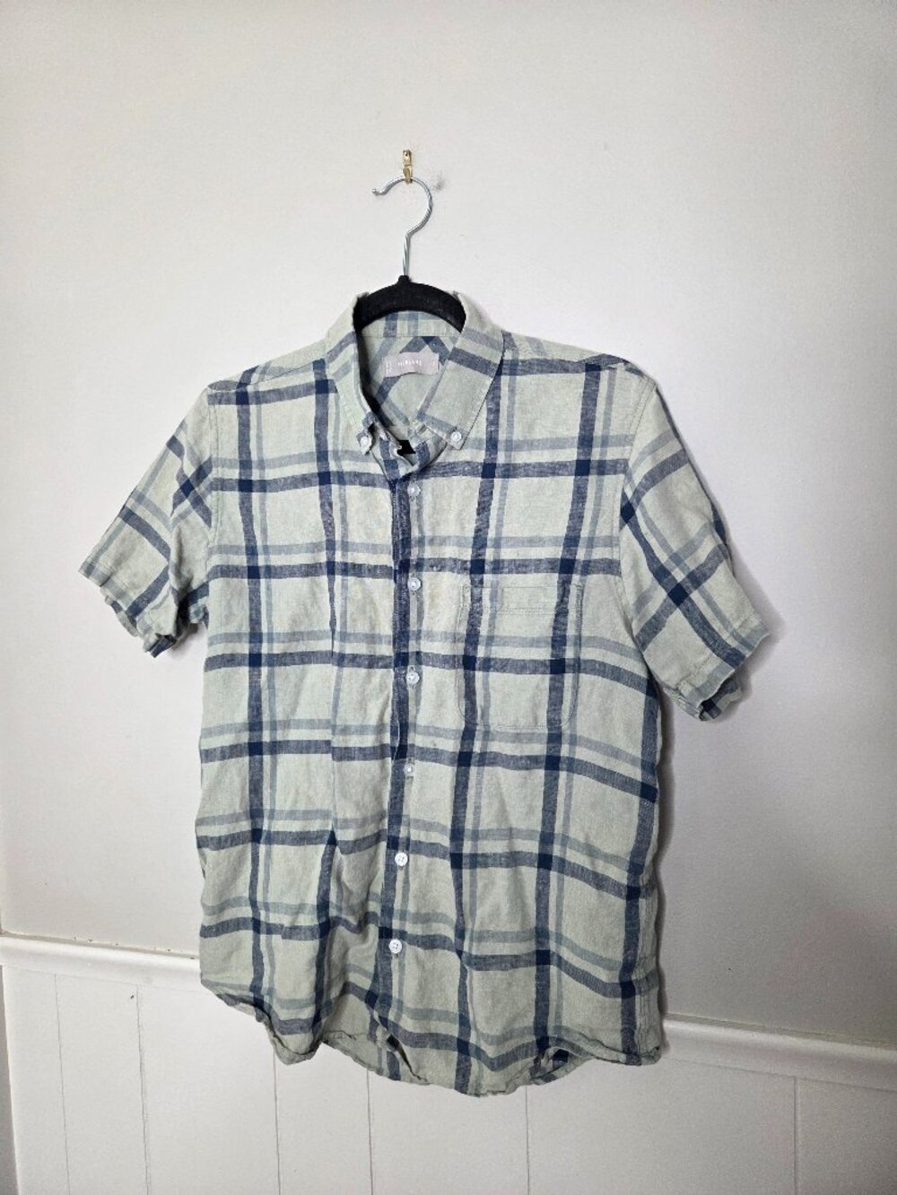 EVERLANE Green Plaid Linen Button Down Short Sleeve Top